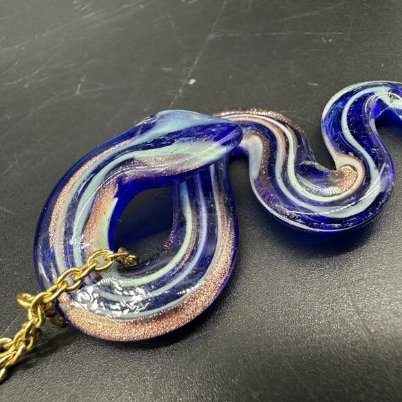 Art Glass Snake Pendant Necklace Gold Toned Chain Blue Copper Lampwork Serpent - Picture 6 of 9